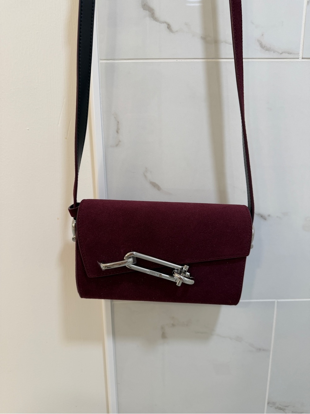 NWT Tadfab Burgundy Suede Box Midi Crossbody Bag with Silver Hardware